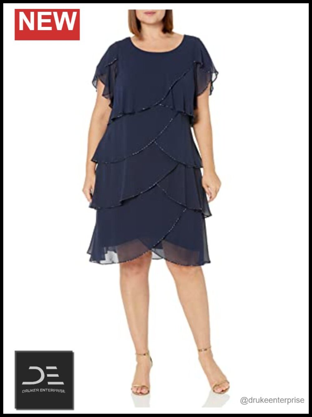 Tiered Chiffon Dress Beaded Trim Sheer Tulip Sleeve Plus Size